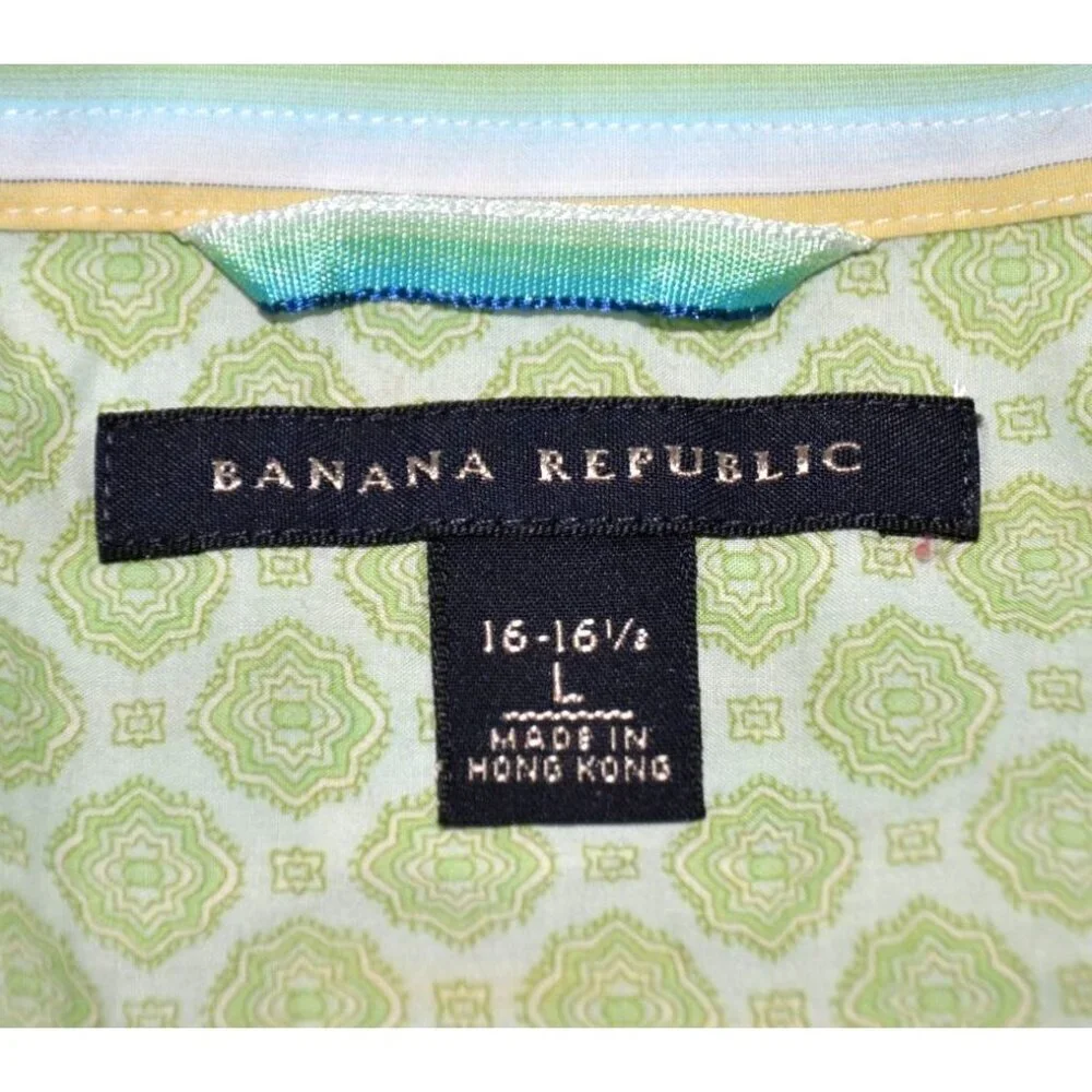 Banana Republic Shirt Men's 16-16 1/2 Green Stripe Cotton Flip Contrast Cuffs